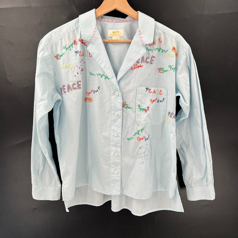 Maeve Anthropologie top Blue Bon Voyage Clarissa Button Down embroidered shirt 2